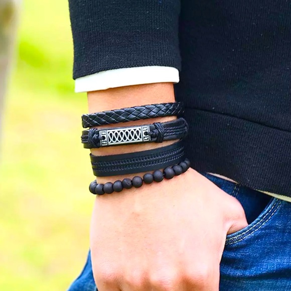 Men’s Genuine Leather Layered Bracelet - Picture 1 of 4